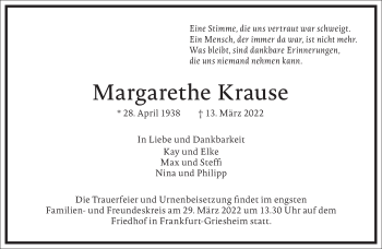 Traueranzeige von Margarethe Krause von Frankfurter Allgemeine Zeitung