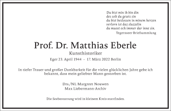 Traueranzeige von Matthias Eberle von Frankfurter Allgemeine Zeitung