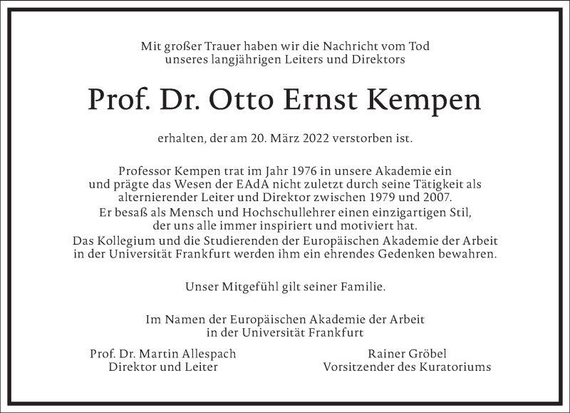  Traueranzeige für Otto Ernst Kempen vom 26.03.2022 aus Frankfurter Allgemeine Zeitung