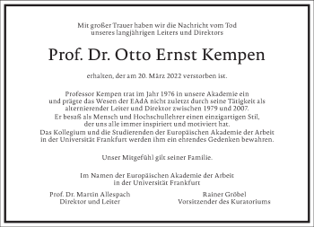 Traueranzeige von Otto Ernst Kempen von Frankfurter Allgemeine Zeitung