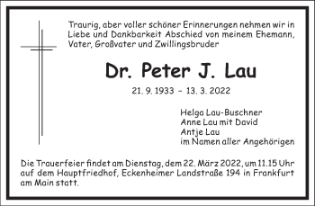 Traueranzeige von Peter J. Lau von Frankfurter Allgemeine Zeitung