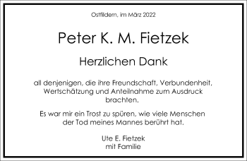 Traueranzeige von Peter K. M. Fietzek von Frankfurter Allgemeine Zeitung