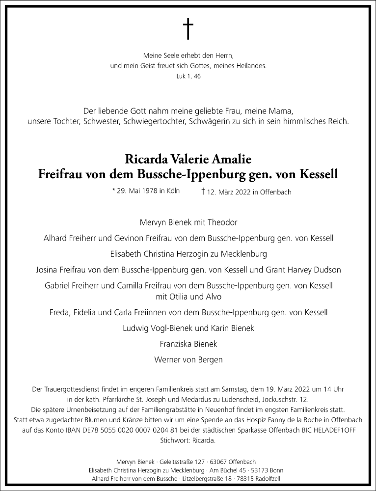  Traueranzeige für Ricarda Valerie Amalie Freifrau von dem Bussche-Ippenburg gen. von Kessell vom 19.03.2022 aus Frankfurter Allgemeine Zeitung