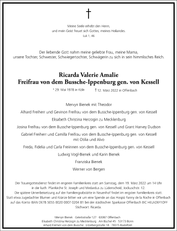 Traueranzeige von Ricarda Valerie Amalie Freifrau von dem Bussche-Ippenburg gen. von Kessell von Frankfurter Allgemeine Zeitung