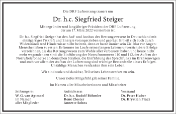 Traueranzeige von Siegfried Steiger von Frankfurter Allgemeine Zeitung