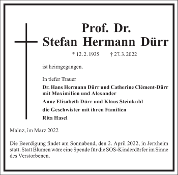 Traueranzeige von Stefan Hermann Dürr von Frankfurter Allgemeine Zeitung