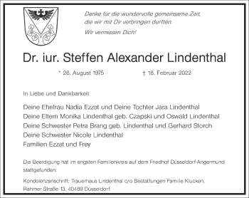 Traueranzeige von Steffen Alexander Lindenthal von Frankfurter Allgemeine Zeitung