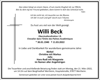 Traueranzeige von Willi Beck von Frankfurter Allgemeine Zeitung