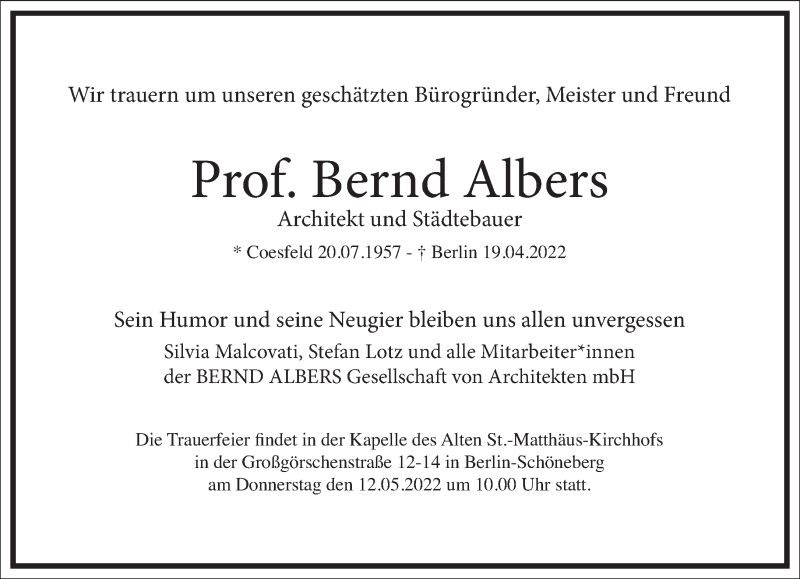  Traueranzeige für Bernd Albers vom 23.04.2022 aus Frankfurter Allgemeine Zeitung