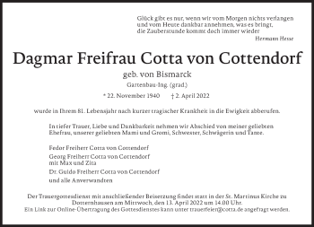 Traueranzeige von Dagmar Freifrau Cotta von Cottendorf von Frankfurter Allgemeine Zeitung