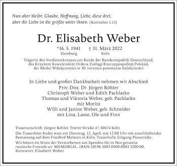 Traueranzeige von Elisabeth Weber von Frankfurter Allgemeine Zeitung