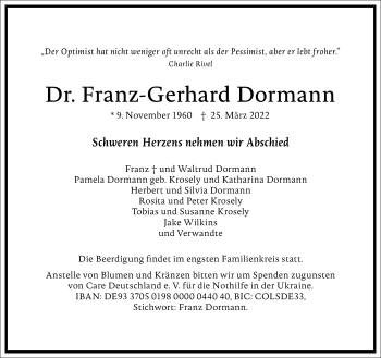 Traueranzeige von Franz-Gerhard Dormann von Frankfurter Allgemeine Zeitung