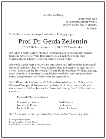 Traueranzeige von Gerda Zellentin von Frankfurter Allgemeine Zeitung