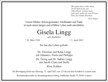 Traueranzeige von Gisela Lingg von Frankfurter Allgemeine Zeitung