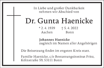 Traueranzeige von Gunta Haenicke von Frankfurter Allgemeine Zeitung