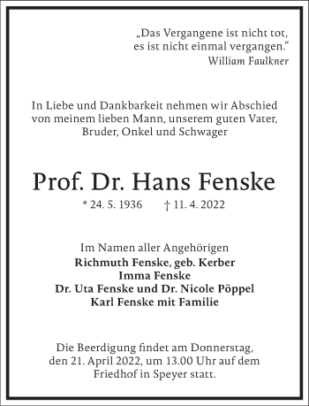 Traueranzeige von Hans Fenske von Frankfurter Allgemeine Zeitung