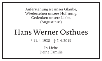 Traueranzeige von Hans Werner Osthues von Frankfurter Allgemeine Zeitung
