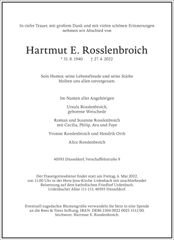 Traueranzeige von Hartmut E. Rosslenbroich von Frankfurter Allgemeine Zeitung