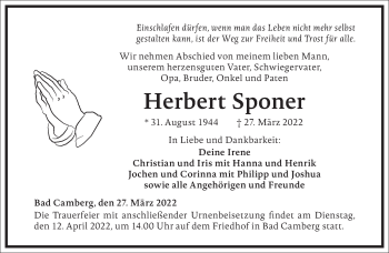 Traueranzeige von Herbert Sponer von Frankfurter Allgemeine Zeitung