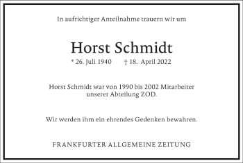 Traueranzeige von Horst Schmidt von Frankfurter Allgemeine Zeitung
