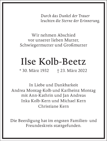 Traueranzeige von Ilse Kolb-Beetz von Frankfurter Allgemeine Zeitung