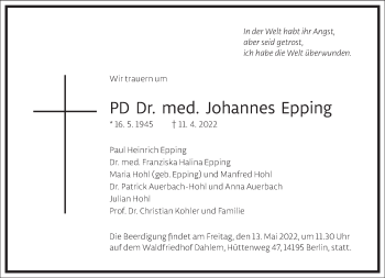 Traueranzeige von Johannes Epping von Frankfurter Allgemeine Zeitung