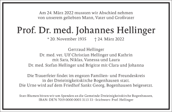 Traueranzeige von Johannes Hellinger von Frankfurter Allgemeine Zeitung