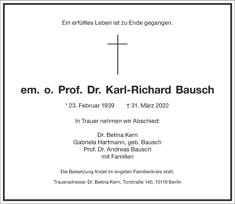  Traueranzeige für Karl-Richard Bausch vom 16.04.2022 aus Frankfurter Allgemeine Zeitung
