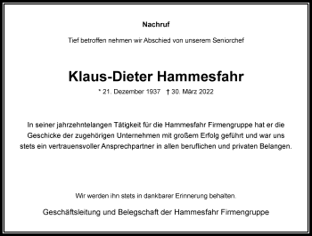 Traueranzeige von Klaus-Dieter Hammesfahr von Frankfurter Allgemeine Zeitung