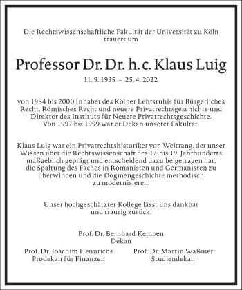 Traueranzeige von Klaus Luig von Frankfurter Allgemeine Zeitung