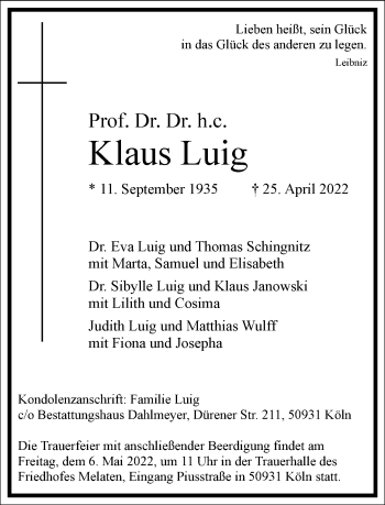 Traueranzeige von Klaus Luig von Frankfurter Allgemeine Zeitung