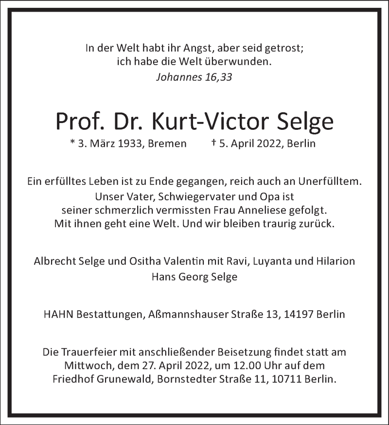  Traueranzeige für Kurt-Victor Selge vom 16.04.2022 aus Frankfurter Allgemeine Zeitung
