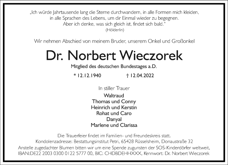 Traueranzeige für Norbert Wieczorek vom 23.04.2022 aus Frankfurter Allgemeine Zeitung