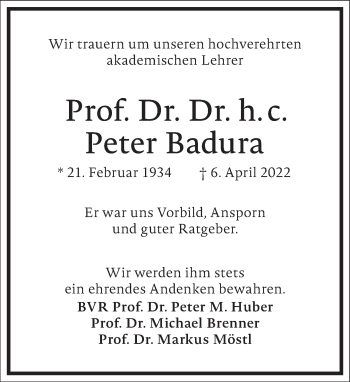 Traueranzeige von Peter Badura von Frankfurter Allgemeine Zeitung