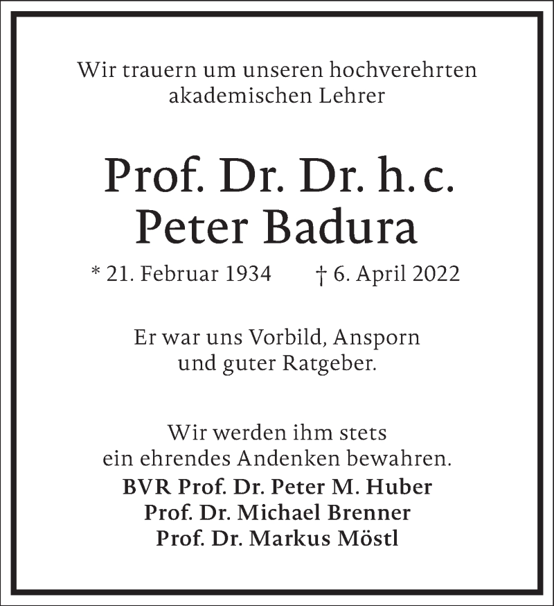  Traueranzeige für Peter Badura vom 09.04.2022 aus Frankfurter Allgemeine Zeitung
