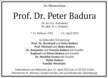 Traueranzeige von Peter Badura von Frankfurter Allgemeine Zeitung