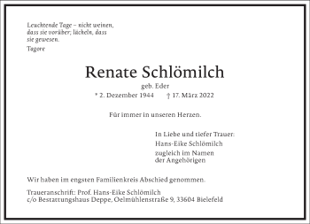 Traueranzeige von Renate Schlömilch von Frankfurter Allgemeine Zeitung