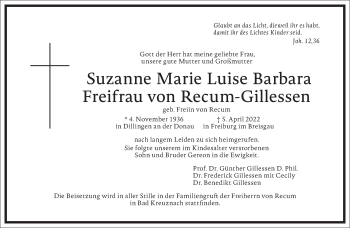 Traueranzeige von Suzanne von Recum-Gillessen von Frankfurter Allgemeine Zeitung