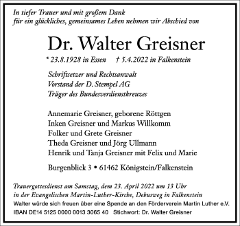 Traueranzeige von Walter Greisner von Frankfurter Allgemeine Zeitung