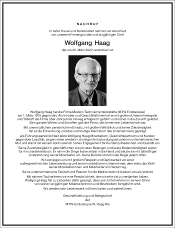 Traueranzeige von Wolfgang Haag von Frankfurter Allgemeine Zeitung