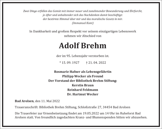 Traueranzeige von Adolf Brehm von Frankfurter Allgemeine Zeitung