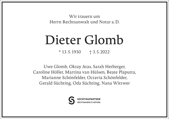 Traueranzeige von Dieter Glomb von Frankfurter Allgemeine Zeitung
