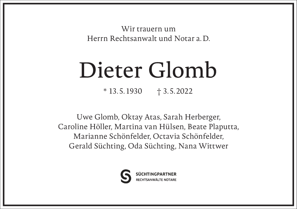  Traueranzeige für Dieter Glomb vom 07.05.2022 aus Frankfurter Allgemeine Zeitung