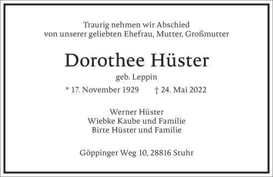 Traueranzeige von Dorothee Hüster von Frankfurter Allgemeine Zeitung