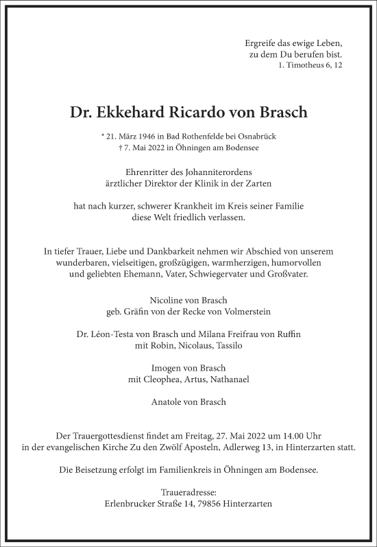 Traueranzeige von Ekkehard Ricardo von Brasch von Frankfurter Allgemeine Zeitung