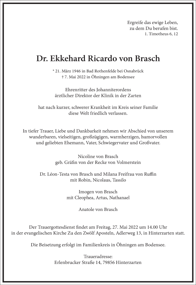  Traueranzeige für Ekkehard Ricardo von Brasch vom 14.05.2022 aus Frankfurter Allgemeine Zeitung