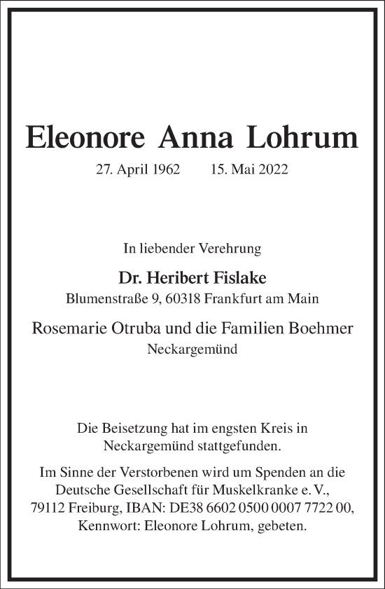 Traueranzeige von Elenora Anna Lohrum von Frankfurter Allgemeine Zeitung