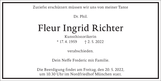 Traueranzeige von Dr. Phil. Fleur Ingrid Richter von Frankfurter Allgemeine Zeitung