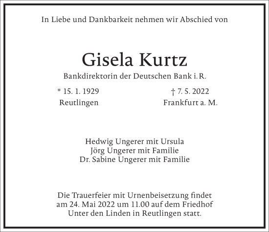 Traueranzeige von Gisela Kurtz von Frankfurter Allgemeine Zeitung