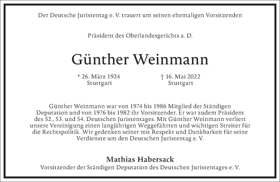 Traueranzeige von Günther Weinmann von Frankfurter Allgemeine Zeitung